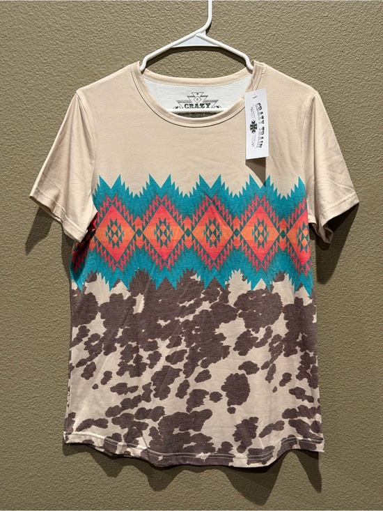 Crazy Train Tops - Crazy Train Cream Short Sleeve Top with Turquoise & Coral Aztec Trim